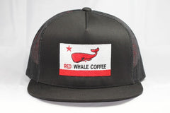 Red Whale Coffee Flag Flat Bill Trucker Cap- Black/Black