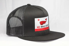 Red Whale Coffee Flag Flat Bill Trucker Cap- Black/Black